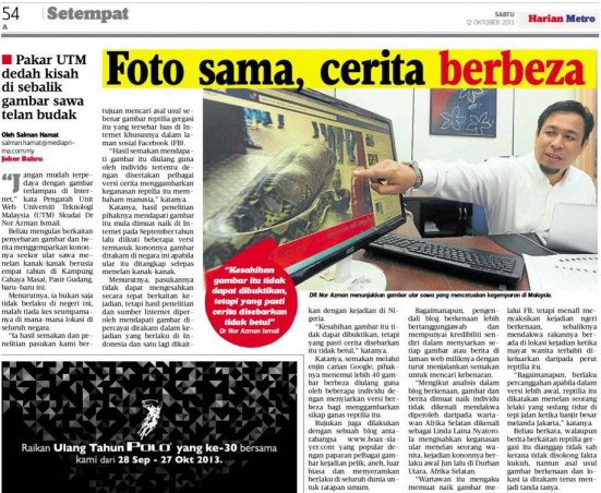 Foto sama, cerita berbeza - Harian Metro 12 Okt. 2013