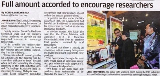 Full amount accorded to encourage researchers The Star 11 Oktober 2013-1