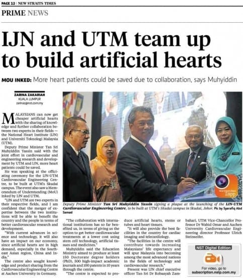 IJN and UTM team up to build artificial hearts - NST 12 Oct. 2013