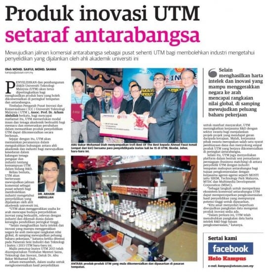 Produk inovasi UTM setaraf antarabangsa - Utusan 28 Okt. 2013