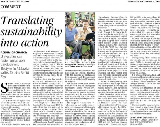 Translating sustainability into action - NST 28 Sept. 2013