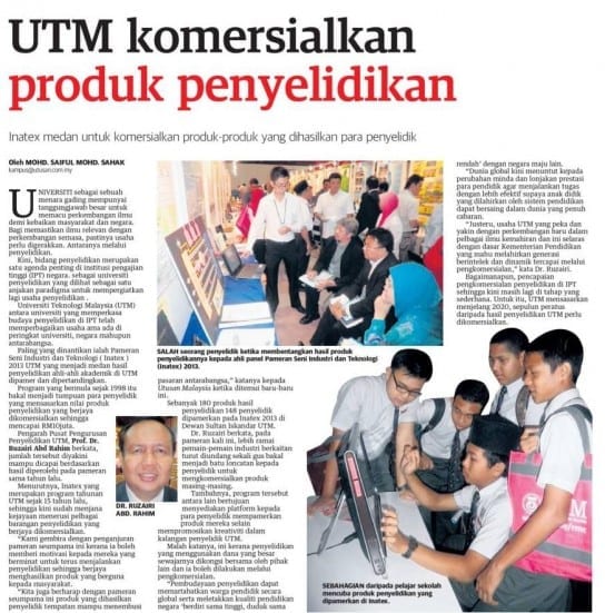 UTM komersialkan produk penyelidikan - Utusan 14 Oktober 2013