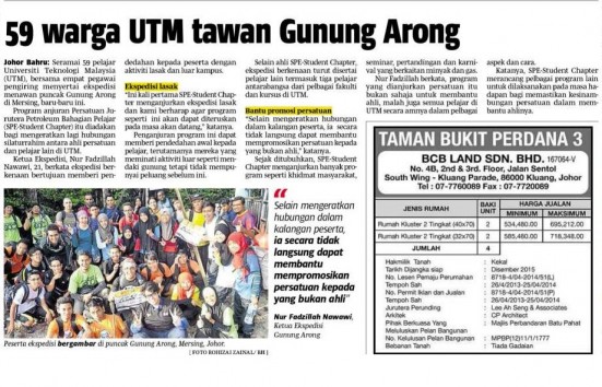 59 warga UTM tawan Gunung Arong - Berita Harian (Johor) 27 Nov. 13