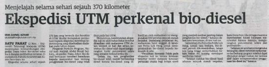 Ekspedisi UTM perkenal bio-diesel - Utusan Malaysia (Helo Kampus) 13 Nov. 2013
