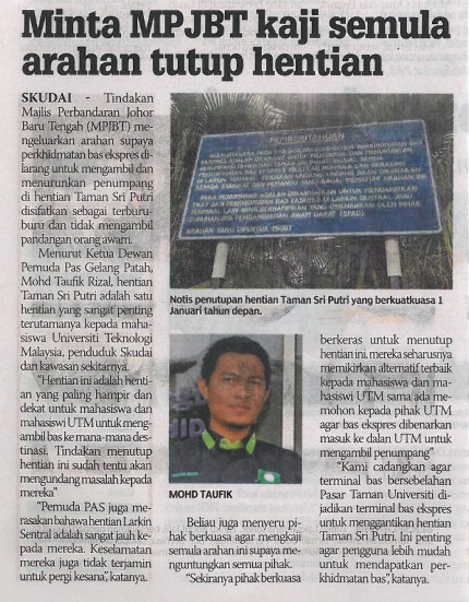 Minta MPJBT kaji semula arahan tutup hentian - Sinar Harian (Johor Bahru) 27 Nov