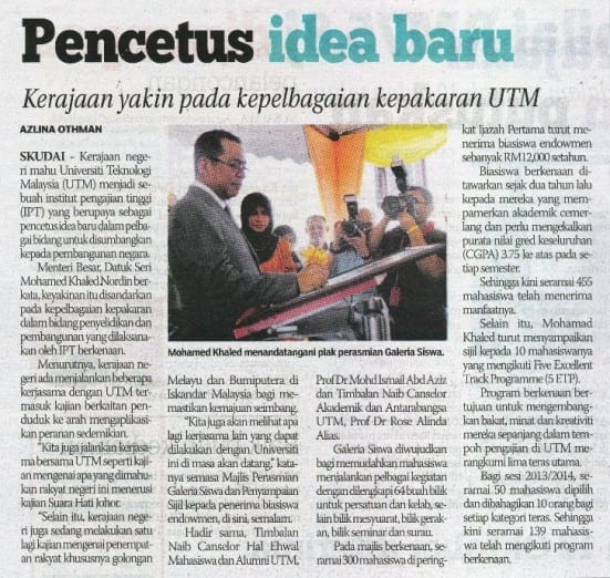 Pencetus idea baru - Sinar Harian(Johor Bahru) 15 Nov. 2013 -1