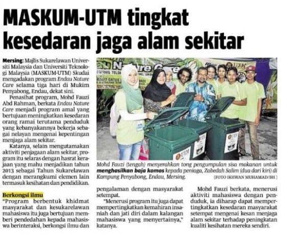 MASKUM-UTM tingkat kesedaran jaga alam sekitar - Berita Harian (Johor) 4 Nov. 13