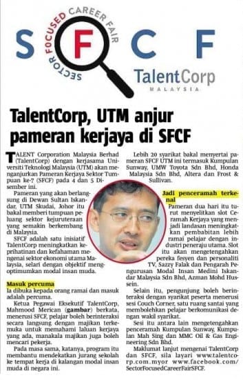 TalentCorp, UTM anjur pameran kerjaya di SFCF - Berita Harian 3 Dis. 13