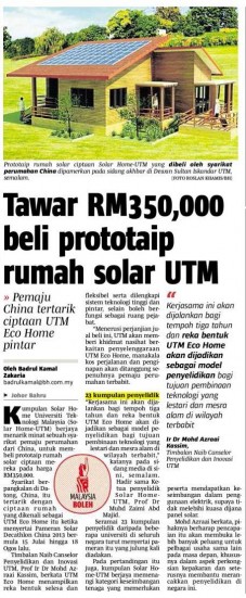 Tawar RM350,000 beli prototaip rumah solar UTM - Berita Harian 3 Dis. 13