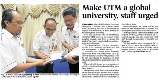 Make UTM a global university, staff urged - New Straits Times (Street Johor) 13 Jan 14
