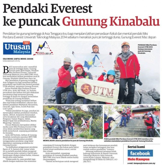 Pendaki Everest ke puncak Gunung Kinabalu - Utusan Malaysia (Mega-Helo Kampus) 3 Feb 14