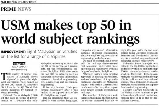 USM makes top 50 in world subject rankings - NST 27 Feb. 2014