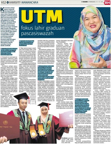 UTM fokus lahir graduan pascasiswazah - BH 6 Feb. 2014