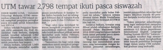 UTM tawar 2,798 tempat ikuti pasca siswazah - Utusan 5 Feb. 2014