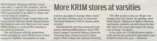 More KR1M stores at varsities - sunday Star 2 March 2014