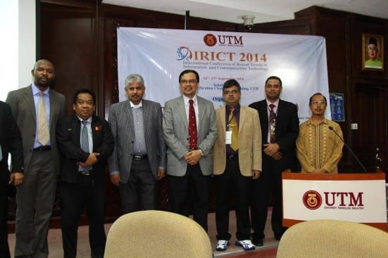 Prof. Azlan (forth right) and Dr. Eqbal Al-Alas (third left)  after the launching ceremony of IRICT 2014 at Senate Hall, UTM Johor Bahru which was organized by ISSUTM with the collaboration from Yemeni Student Society.