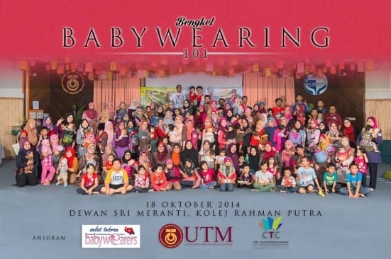 Participants of UTMCTC Babywearing 101 workshops after the completion of their course held at Dewan Sri Menanti, Kolej Rahman Putra.