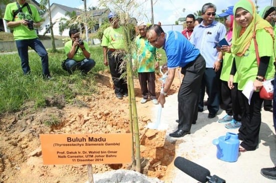 Prof.Wahid (blue shirt) planting Honey Bamboo plant as a launching symbolic of the Malaysia First Low Carbon Village in Felda Taib Andak, Kulai. 