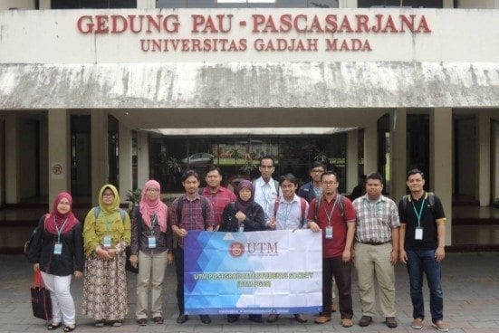 The PGSS-UTM delegation taking a group photo in front of the Sekolah Pasca Sarjana (SPS-UGM) before attending the meeting with the UGM Post-Graduates Society.