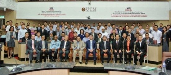 The participants of International Year of Oil Seminar 2015 organized by IBDUTM- All Cosmos Industries taking a group photo at Senate Hall, UTM Johor Bahru. 