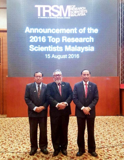 From left, Prof. Dr. Tharek Abdul Rahman, Prof. Dr. Sr. Mazlan Hashim and Prof. Dr. Azman Hassan after receiving their 2016 TRSM Awards