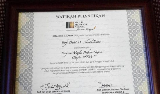 Prof. Dato' Dr. Ahmad Darus certificate of appoinment from MPN Headquarters