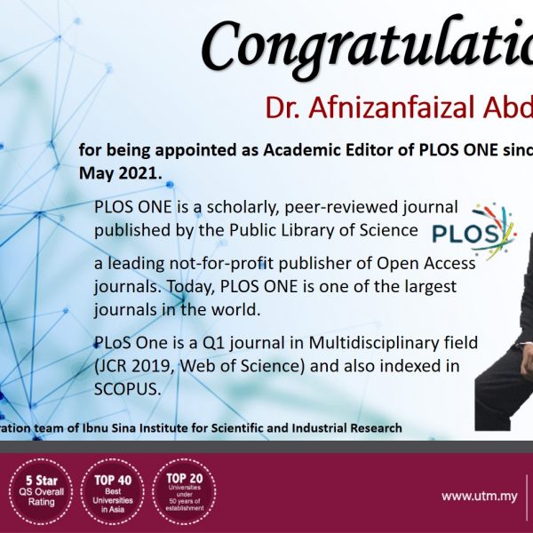 Congratulations Dr. Afnizanfaizal Abdullah for being Appointed as Academic Editor of PLOS ONE