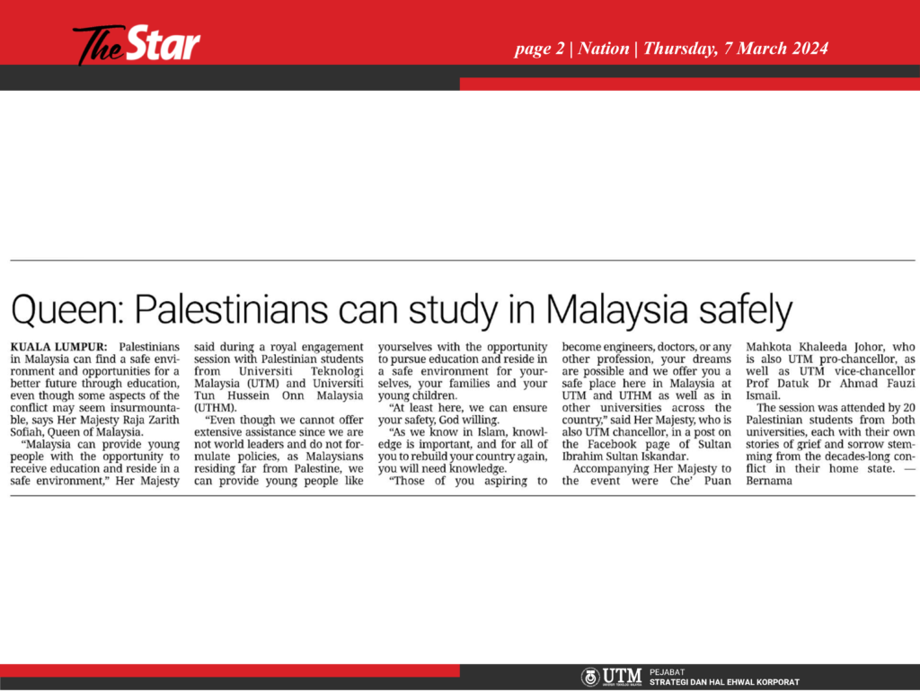 Queen Palestinians can study in Malaysia safely [The Star Nation ]