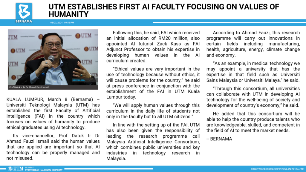 UTM ESTABLISHES FIRST AI FACULTY FOCUSING ON VALUES OF HUMANITY [BERNAMA]