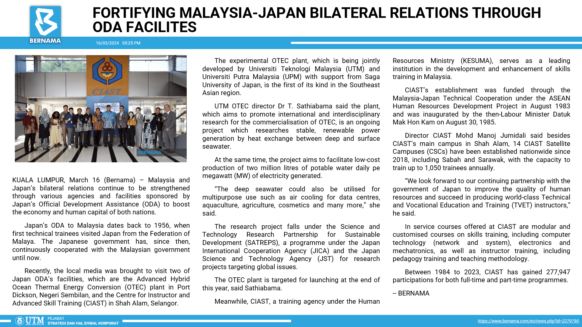 FORTIFYING MALAYSIA JAPAN BILATERAL RELATIONS THROUGH ODA FACILITIES [BERNAMA]