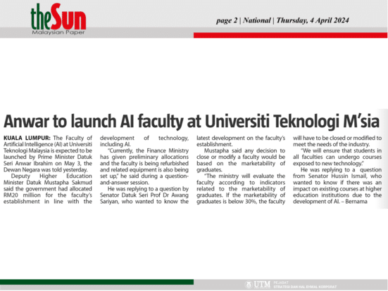 Anwar to launch AI faculty at Universiti Teknologi M'sia [The Sun National ]