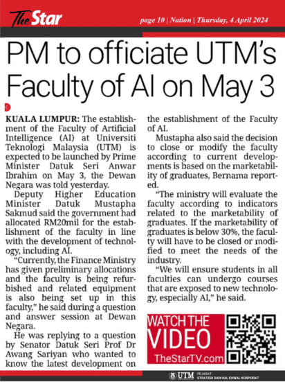 PM to officiate UTM's Faculty of AI on May [The Star Nation ]
