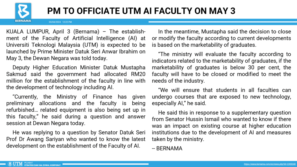 PM TO OFFICIATE UTM AI FACULTY ON MAY [BERNAMA]