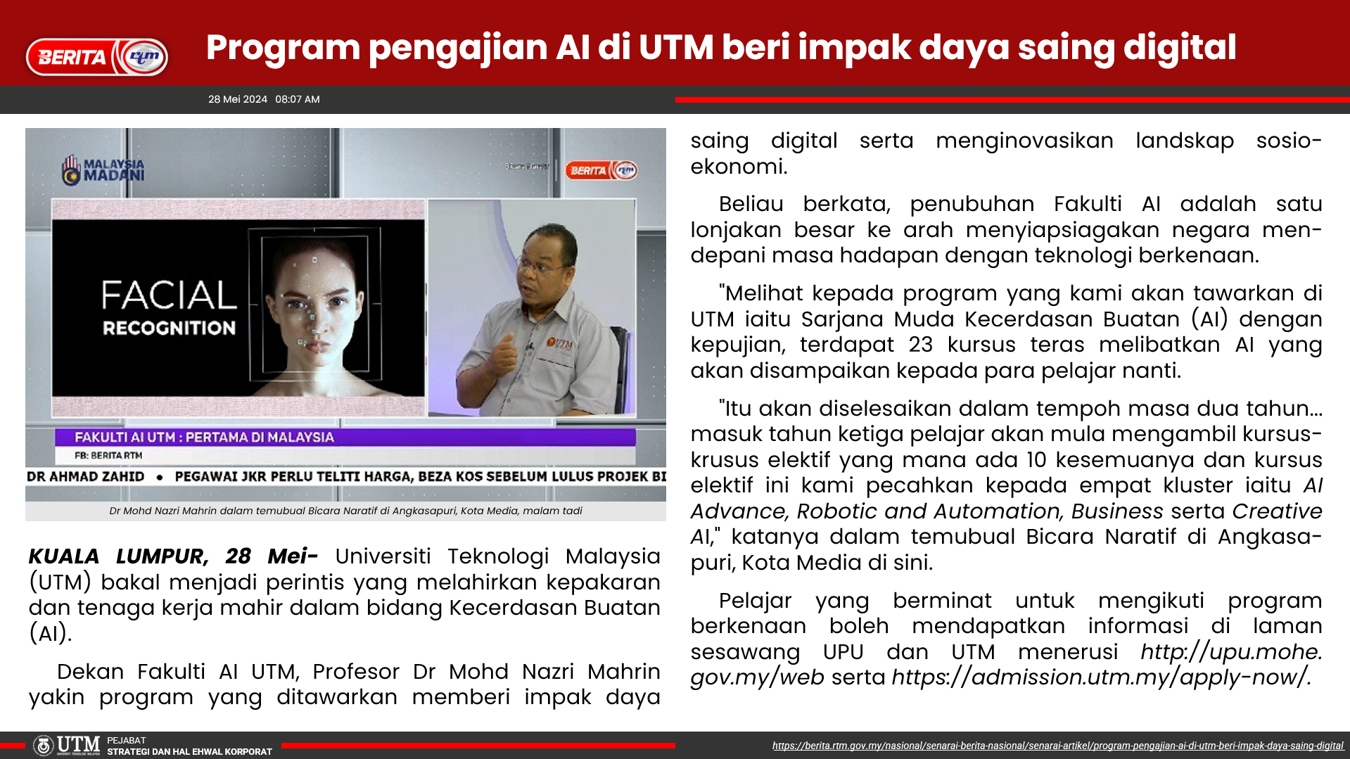 Program pengajian AI di UTM beri impak daya saing digital [Berita RTM]