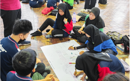 Aktiviti latihan dalam kumpulan sedang dijalankan dengan murid SMK Taman Sutera