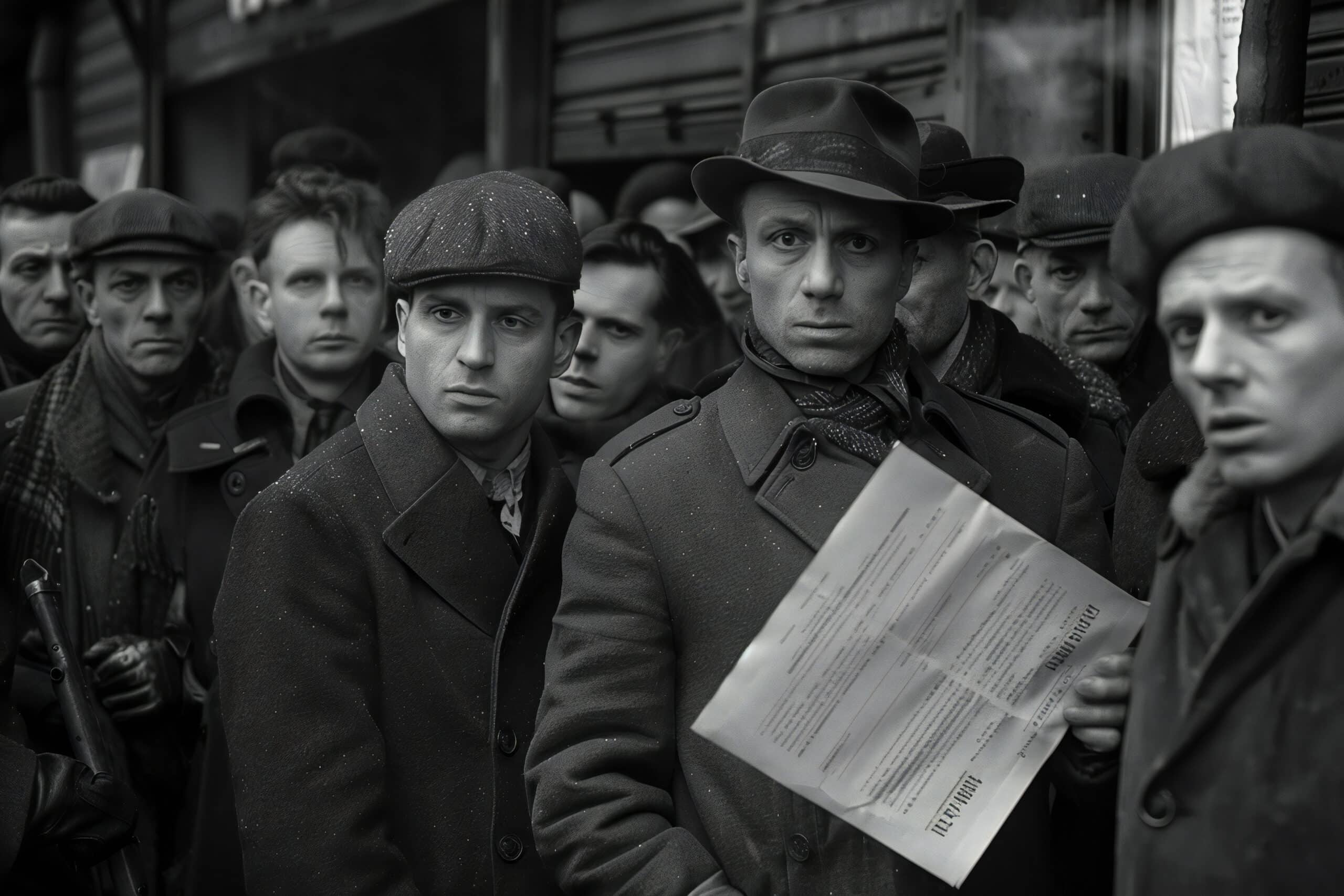Stock photo of men line up to file paperwork, in the style of an