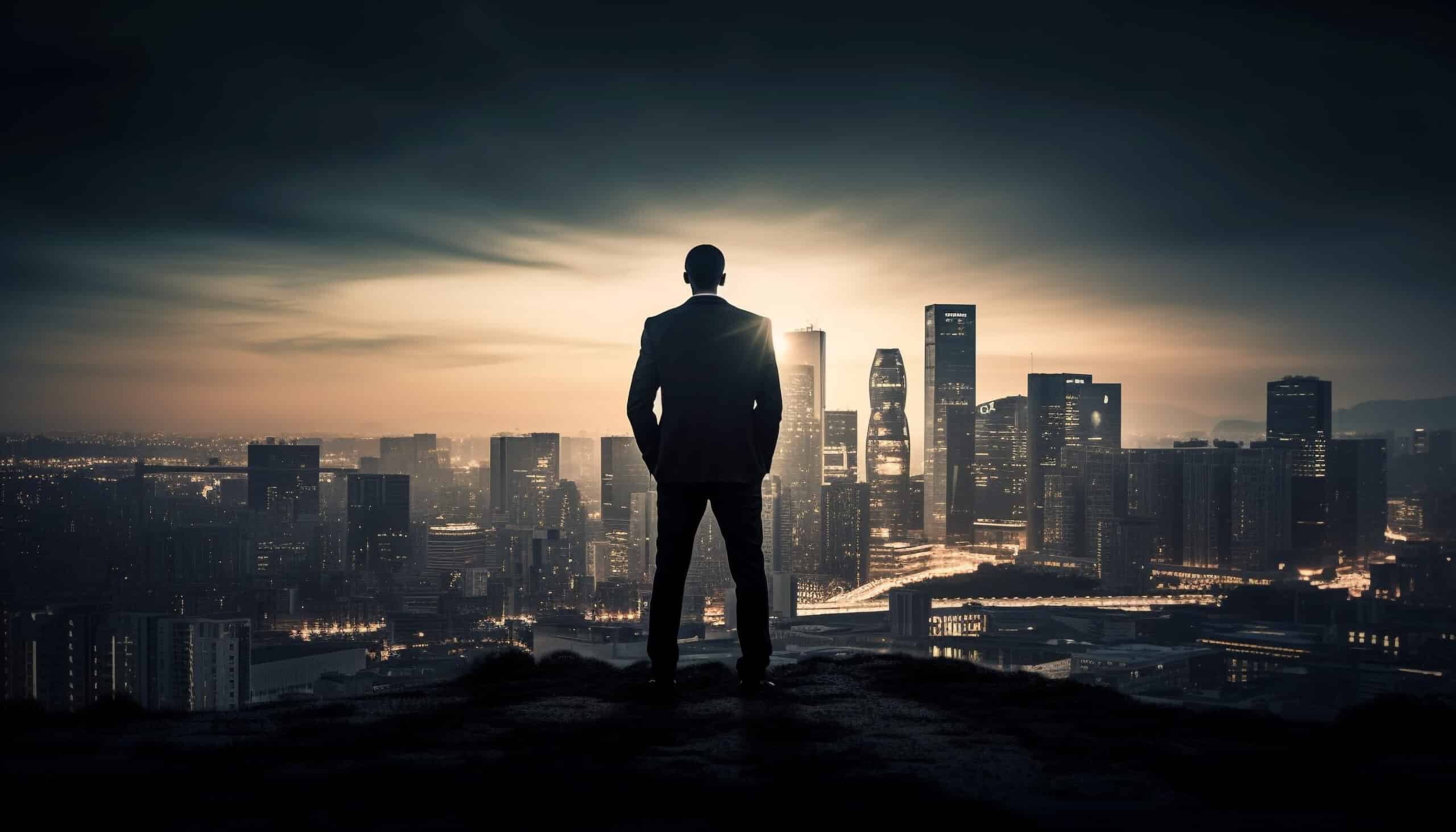 City businessman standing on skyscraper, back lit silhouette generated by AI