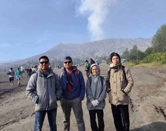 A moment of exploration at Gunung Bromo. From left to right: Dr. Nazrin Abd Aziz (UTM), Dr. Rico Ramadan (UNAIR), and UTM students Nur Hazwani and Muhammad Shawal.