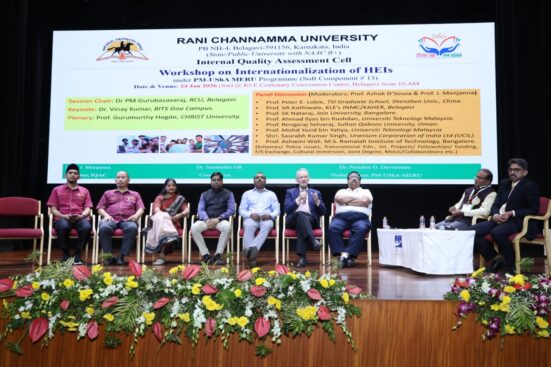International panel session during the Workshop on Internationalization of Higher Education Institutions (HEIs) at Rani Channamma University, featuring global academicians including representatives from UTM. On the right: Prof. Dr. Rengaraj Selvaraj (Sultan Qaboos University, Oman), Prof. Dr. Peter E. Lobie (Tsinghua University Graduate School, Shenzhen, China), Prof. SK Nataraj (Jain University, Bangalore), Shri. Saurabh Kumar Singh (Uranium Corporation of India Ltd., India), Prof. Ashwini Wali (M.S. Ramalah Institute of Technology, Bangalore), Prof. Dr. Mohd Yazid bin Yahya and Ts. Dr. Ahmad Ilyas bin Rushdan (Universiti Teknologi Malaysia, Malaysia).