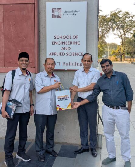 UTM delegates with faculty members at Ahmedabad University, School of Engineering and Applied Science, initiating academic discussions on the MTech in Composites programme and potential curriculum benchmarking.