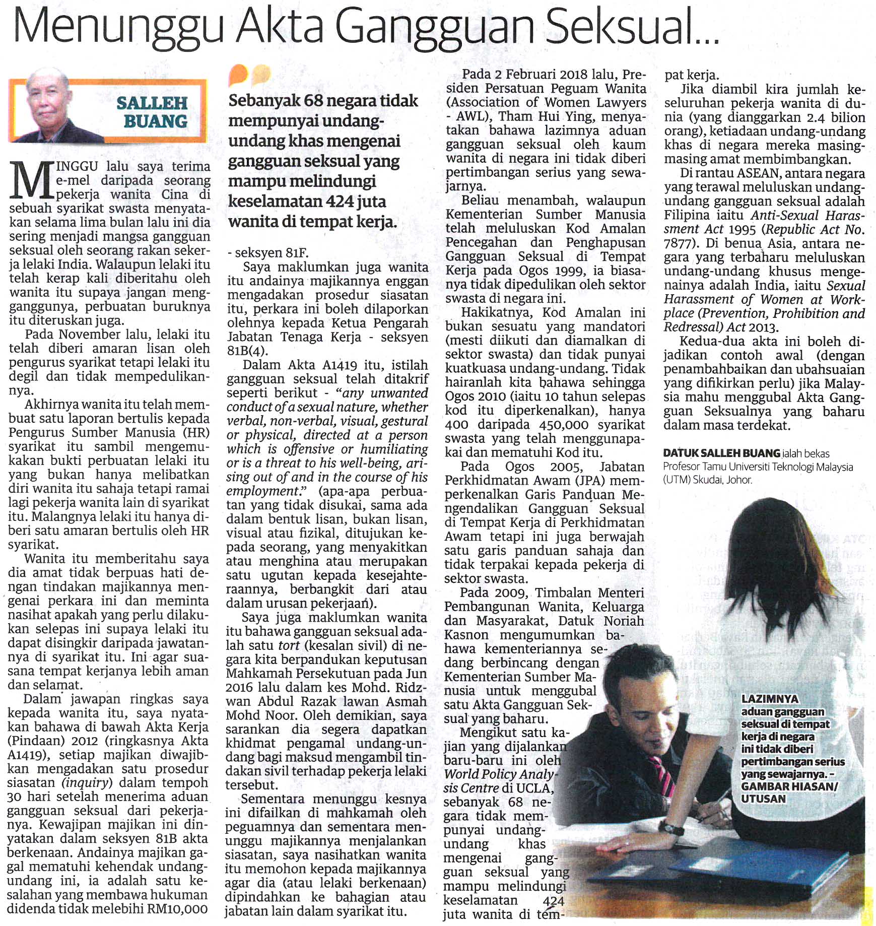 Menunggu Akta Gangguan Seksual Utm In The Newspapers